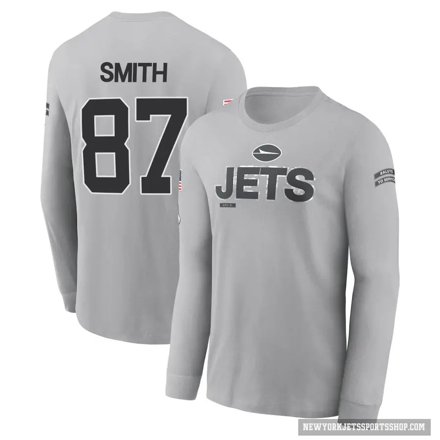 Youth ＃87 Brandon Smith New York Jets Gray 2024 Salute to Service Long Sleeve T-Shirt