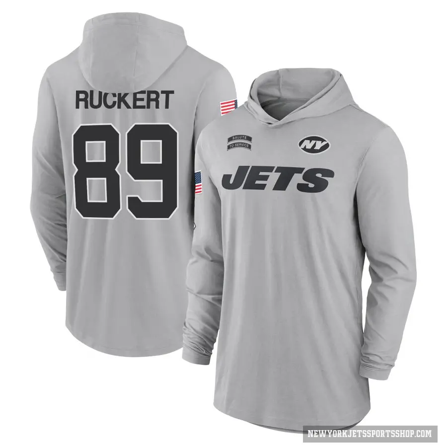 Youth ＃89 Jeremy Ruckert New York Jets Gray 2024 Salute to Service Lightweight Performance Long Sleeve Hooded T-Shirt