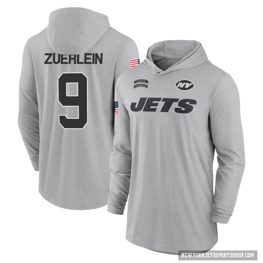 Youth ＃9 Greg Zuerlein New York Jets Gray 2024 Salute to Service Lightweight Performance Long Sleeve Hooded T-Shirt