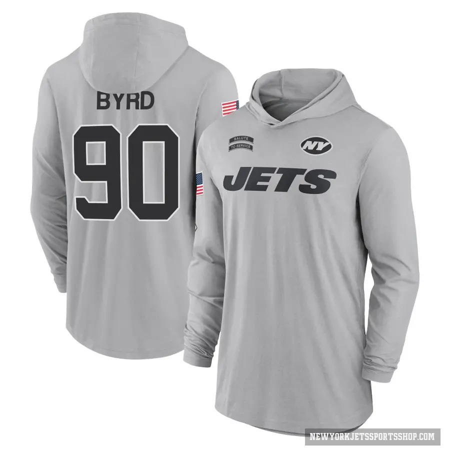 Youth ＃90 Dennis Byrd New York Jets Gray 2024 Salute to Service Lightweight Performance Long Sleeve Hooded T-Shirt