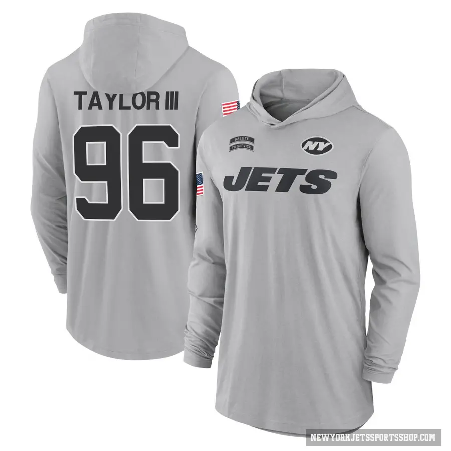 Youth ＃96 Leonard Taylor III New York Jets Gray 2024 Salute to Service Lightweight Performance Long Sleeve Hooded T-Shirt