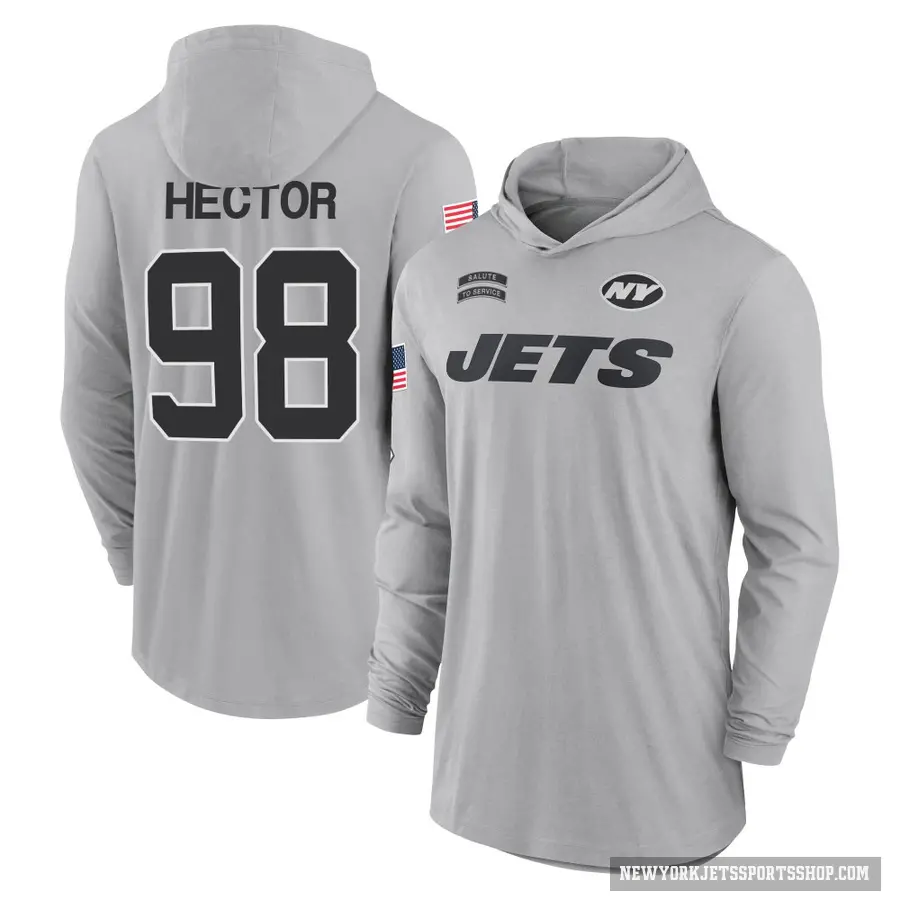 Youth ＃98 Bruce Hector New York Jets Gray 2024 Salute to Service Lightweight Performance Long Sleeve Hooded T-Shirt